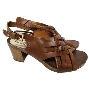 Pikolinos Brown Stacked Heel Woven Criss Cross Back Strap Sandal